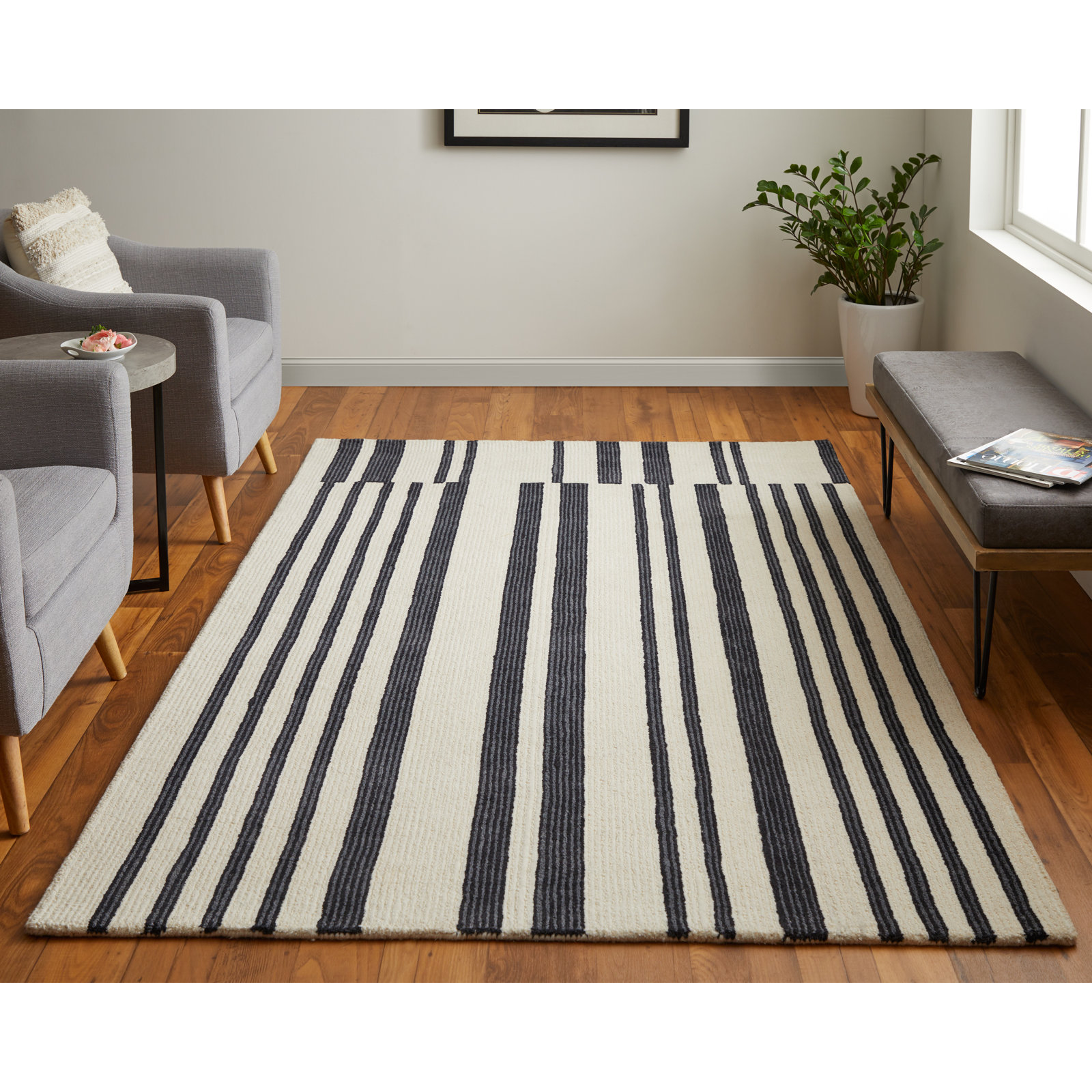 Ryo Ivory Black Hand-Tufted Striped Rug, Rectangle 12' x 15'