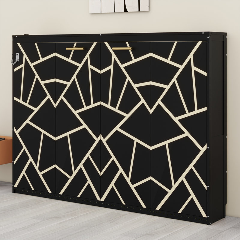 Lit escamotable à DEL sous le lit avec motif imprimé élégant et chargeur USB, Grand lit, Noir