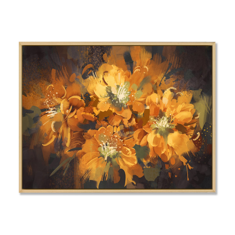 Fleurs orange orangées - reproduction sur toile, H 24 po x l 36 po x P 1 po, Cadre naturel flottant