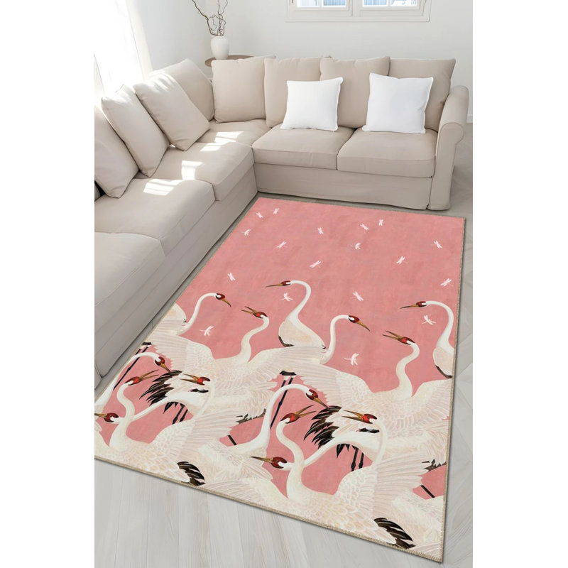 Powder Pink Themed Abstract Stork Patterned Modern Decorative Carpet, Runner 3'4" x 9'11"