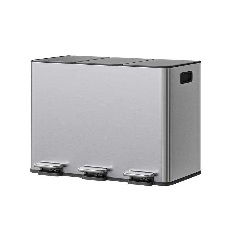 3-in-1 Stainless Steel Kitchen Pedal Bin – 45L, 3 x 15L Compartments, Soft-Close Lid, Removable Inner Bins & Handles, Space-Saving Waste Sorting, Recycling Bin