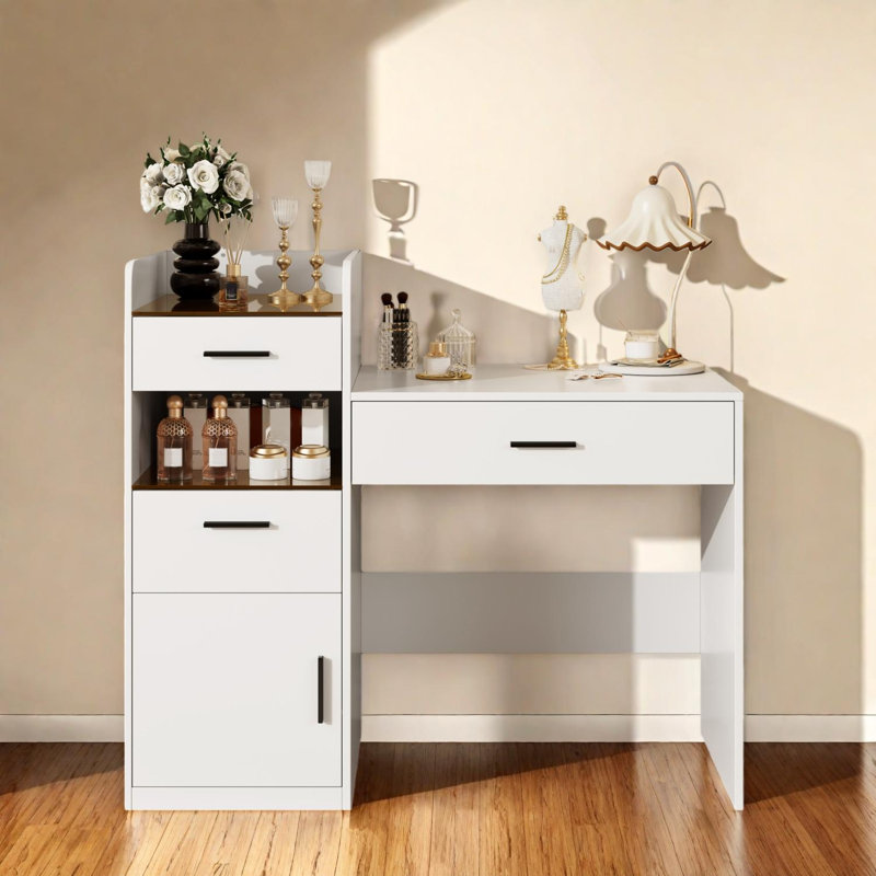 Bureau de coiffeuse 3 en 1 avec miroir rabattable et rangement caché