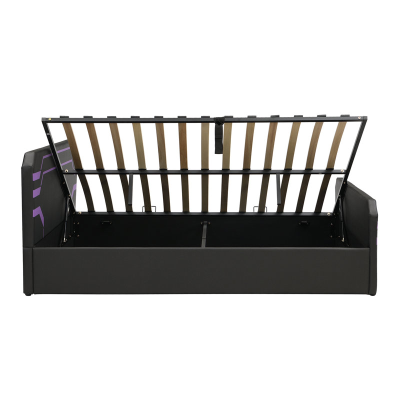 Grand lit tapissier avec système de rangement hydraulique à levage latéral, Mauve et noir