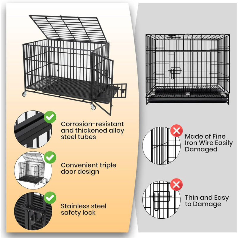 Heavy Duty Escape-Proof Dog Crate - XL Metal Kennel with 3 Doors, Removable Tray & Wheels, Secure Indestructible Indoor Cage for Large/Medium Dogs, Black