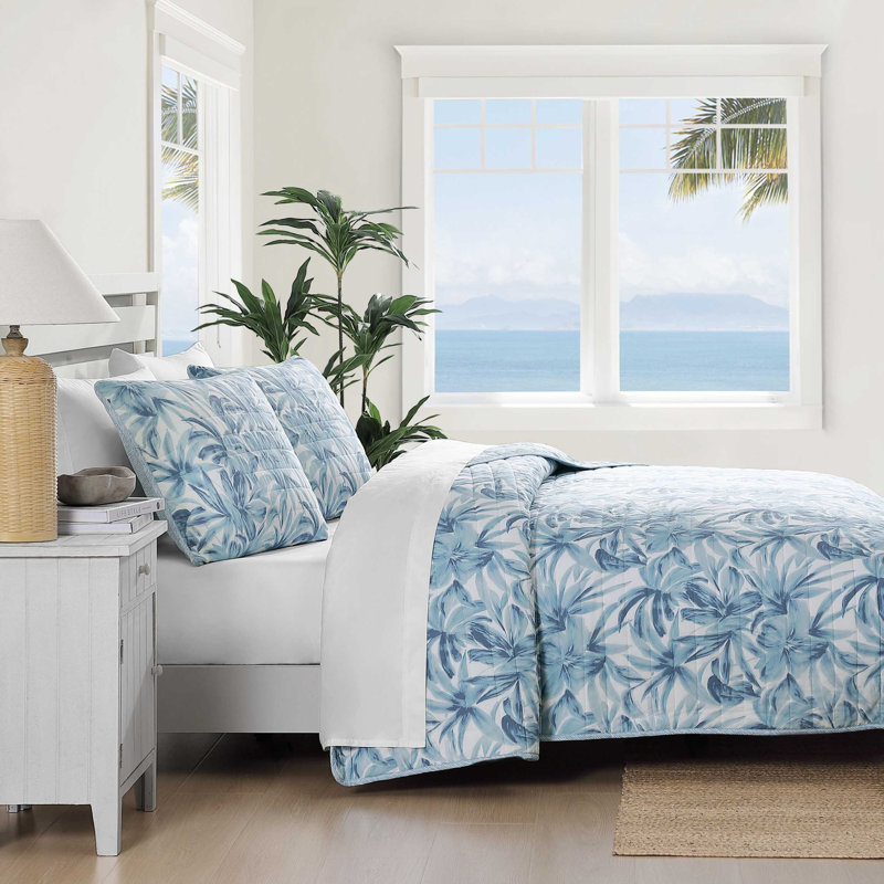 Tommy Bahama Aubrey Cotton Reversible Quilt Set, Blue Floral, King Quilt + 2 King Pillow Shams