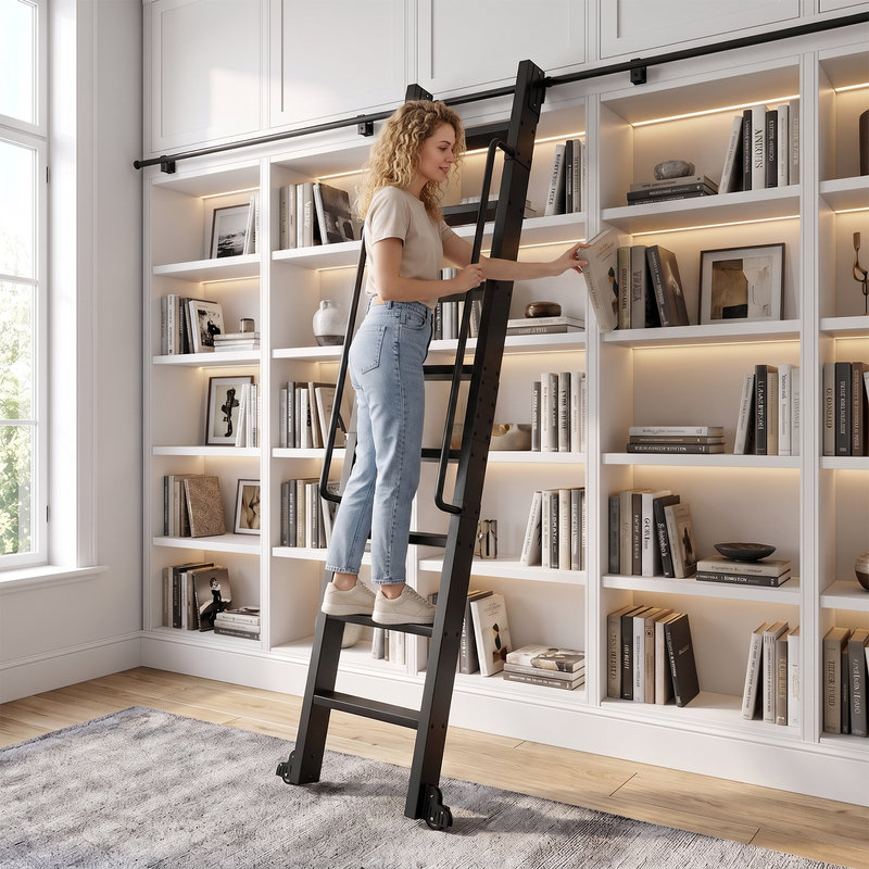Échelle de bibliothèque roulante 94,5 "avec rail de 8 pieds, mains courantes doubles et roulettes verrouillables