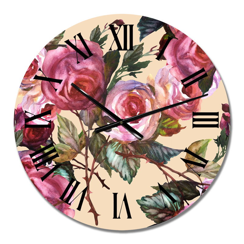 Horloge murale à motif roses roses sur fond jaune, Petit