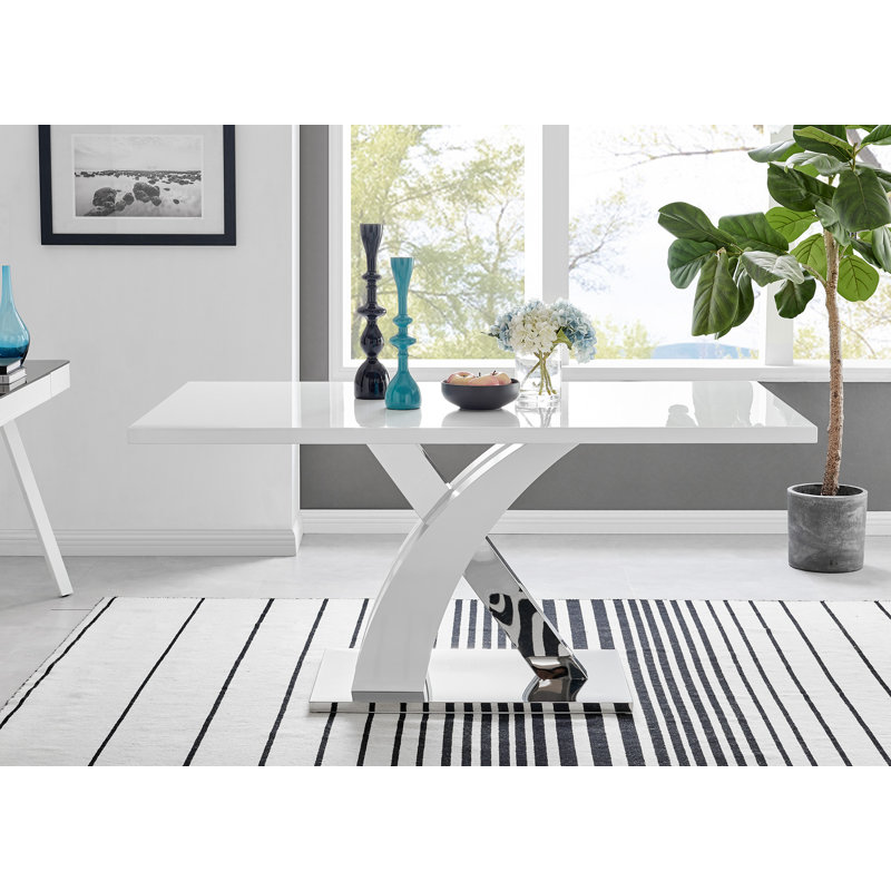 Chowchilla Dining Table Chrome Metal and White High Gloss - Modern Statement Design, H75 x L160 x W90 cm