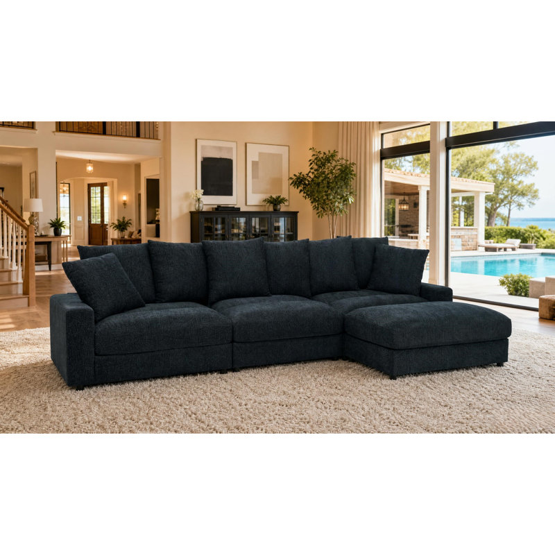 Contemporary Upholstered Sectional Sofa With Oversized Ottoman, Blue Gray, 34" H x 122" L x 39.5" D