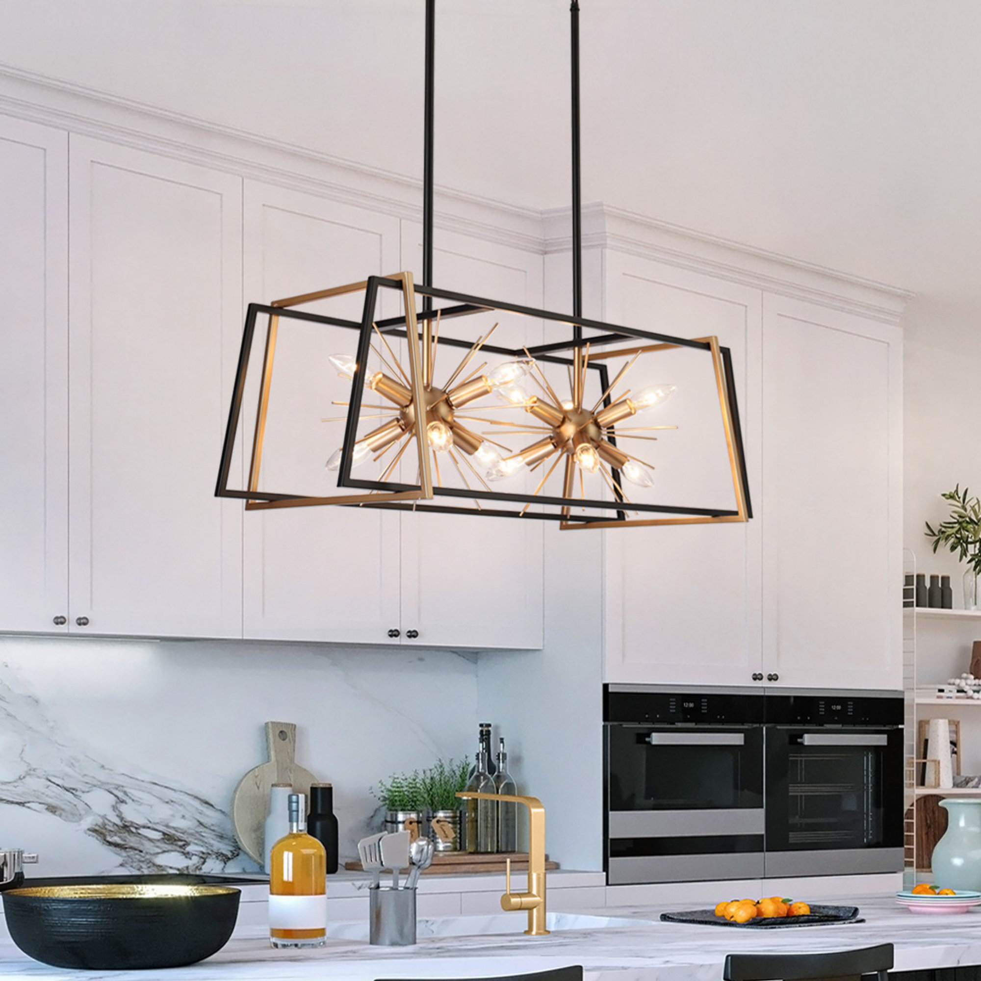 Everly Quinn Doly 12-Light Black and Gold Kitchen Island Pendant Light ...