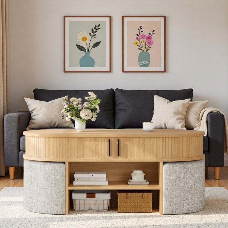 Table basse multifonctionnelle ovale avec rangement caché à lattes, compartiment de rangement ouvert et 4 tabourets courbés rembourrés