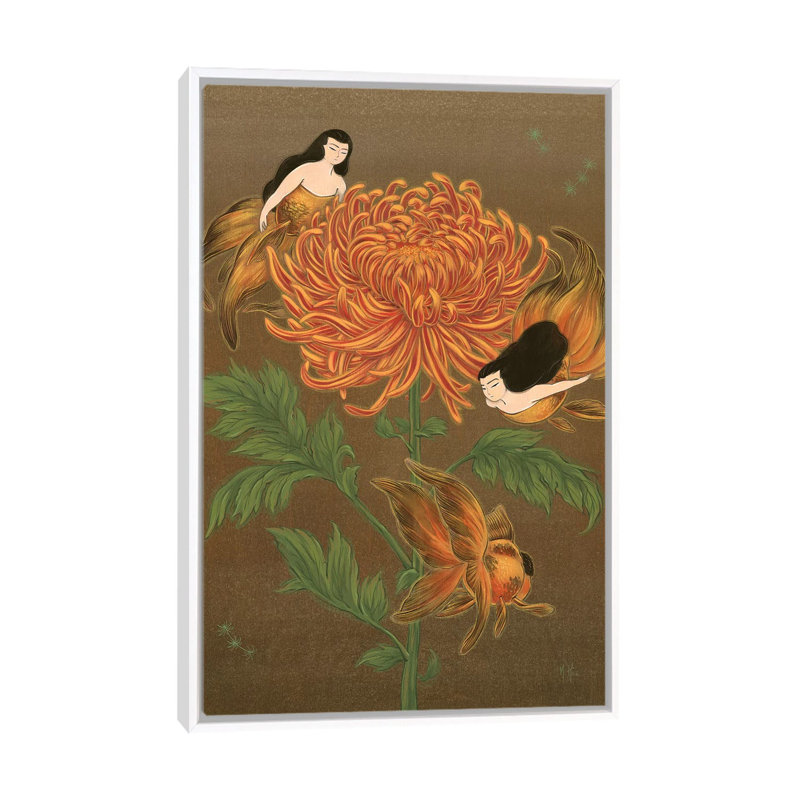 Goldfish Mermaids - Autumn Chrysanthemum by Martin Hsu - Painting on Canvas, 101.6 cm H x 66.04 cm W, White Framed