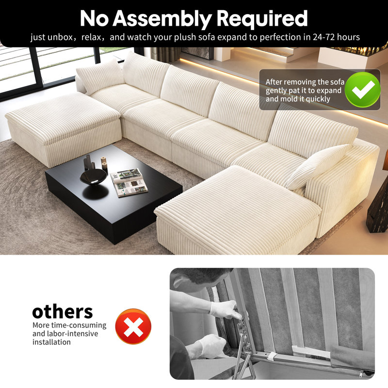 Boneless U-Shaped Modular Corner Sectional 5-Piece Plush Corduroy Sofa, Cloud Couch with 2 Ottoman,No Assembly Required Boneless Couch