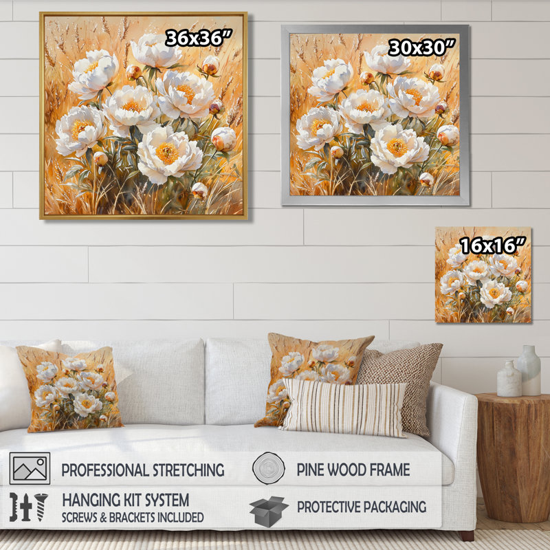 Pe pivoines au chaud, champ d'automne I - pivoines, art mural sur toile, Impression encadrée flottante, H 16 po x l 16 po