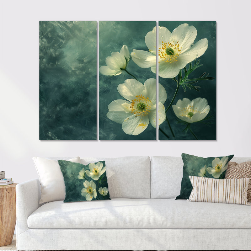 «White Green Buttercups Reflection» 3 pièces, H 28 po x l 36 po, Toile tendue