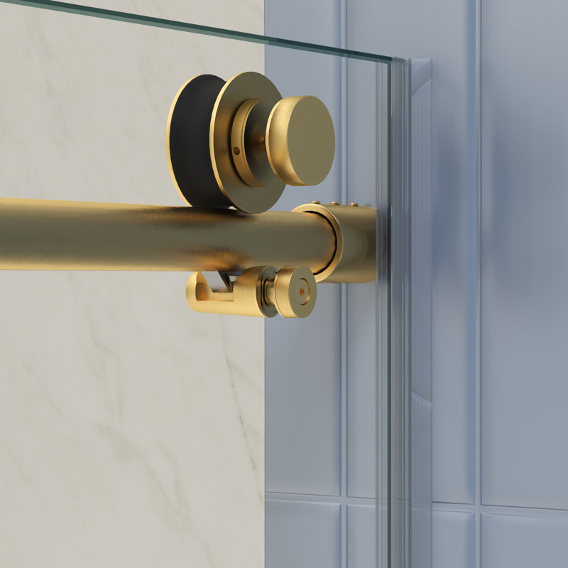 Porte de douche coulissante avec verre trempé 5/16 po - or brossé, douceur, verre doré 56-60 po x 74 po, poignée en acier inoxydable 8 po
