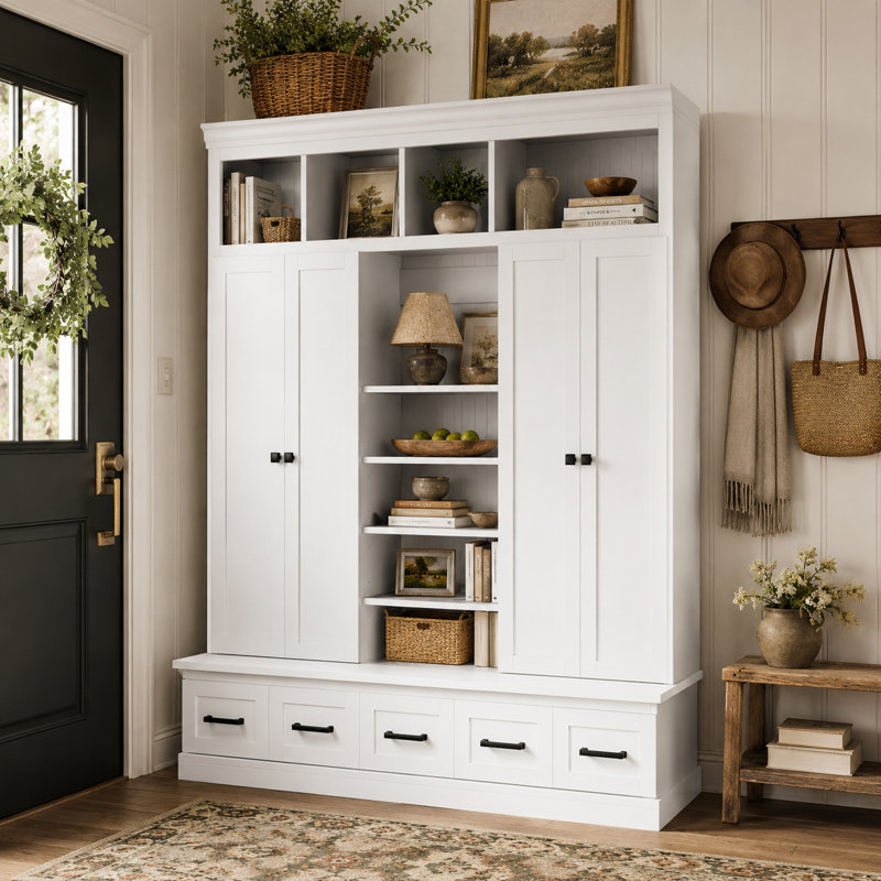 Grand arbre d'entrée 78,7 po avec banc, organisateur de hall d'entrée à 5 tiroirs, armoire de rangement avec portes et tablettes réglables