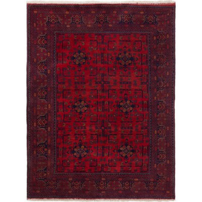 Tapis unique en laine noué à la main style Ousana des années 2010 de 4 pi 11 po x 6 pi 6 po rouge / noir / brun Oksana