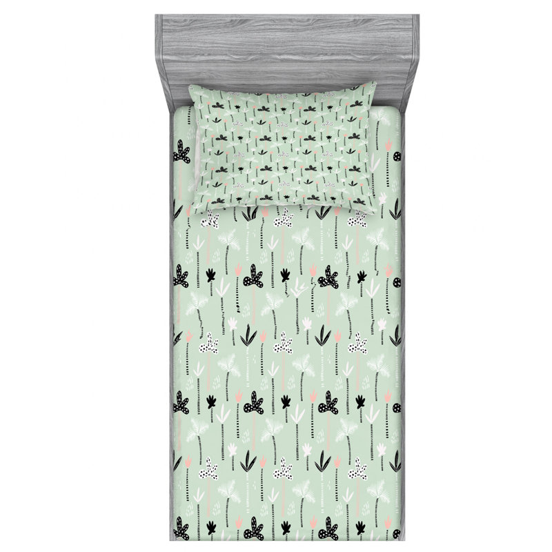Drap-housse floral en microfibre, Drap-housse pour lit simple TG avec taie d'oreille, Motif noir / blanc / vert