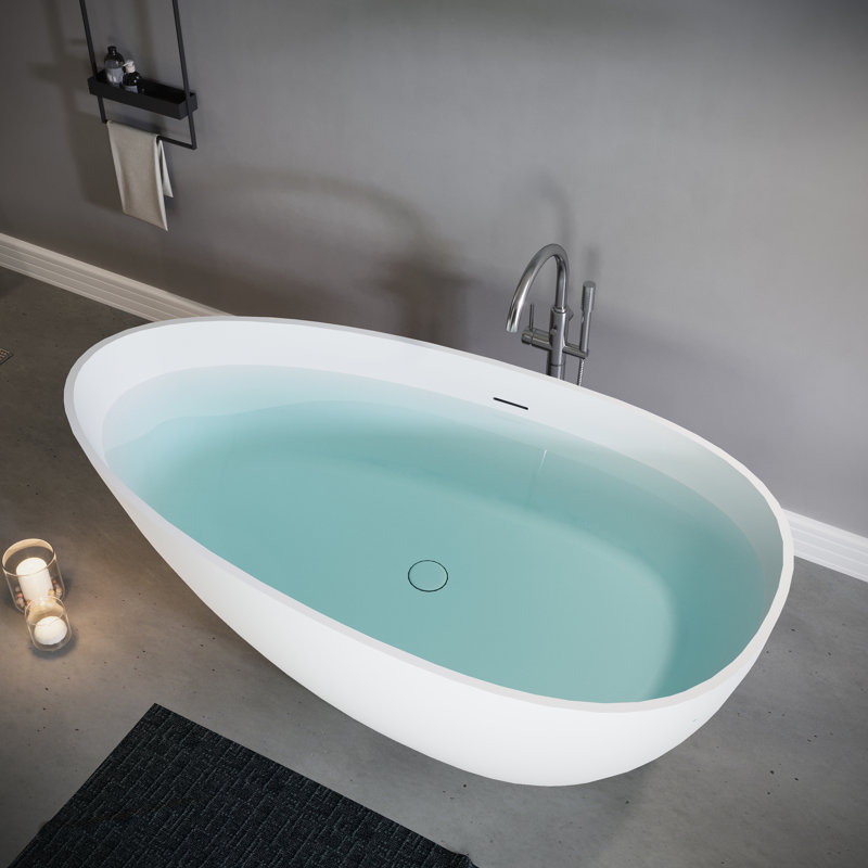 Freestanding Solid Surface Luxury Stone Resin Soaking Bathtub, Matte White, Adapted For Contemporary Bathrooms, 59" Depth Measurement, Overflow And Pop - Up Drain, Outstanding Heat Insulating