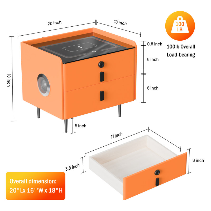 Cathriona 2 - Drawer Nightstand With Fingerprint Lock And Led Lights And Music Player, Orange