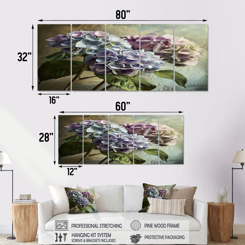 Rolfe - Hortensia, art mural pour le salon, 5 pièces, H 32 po x l 80 po