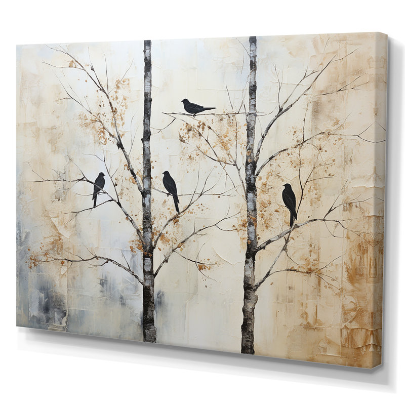 Minimalisme, oiseaux monochromes sur branche III sur toile, Toile tendue, H 16 po x l 32 po x P 1 po