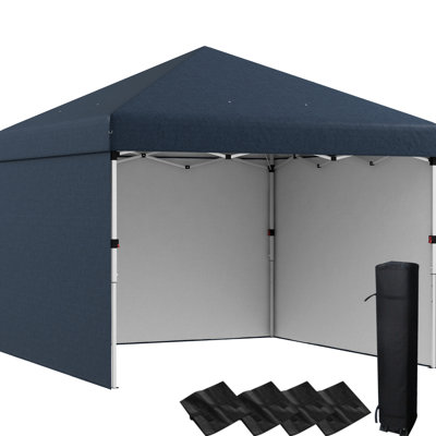 10' X Pop Up Canopy. 3 Sidewalls, Customizable Height. Uv30+ Fabric Top. With Carry Bag And Leg Weight Bags. Navy Blue For Patio Parties Canopy Tent With Adjustable Height, & Fabric. Ideal Garden,