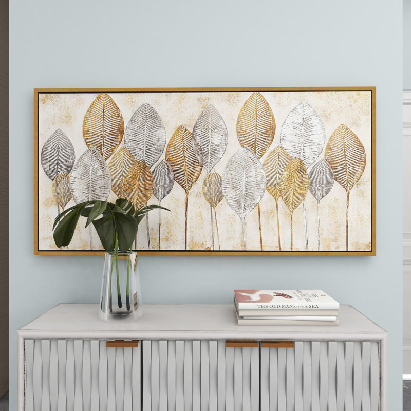 CosmoLiving by Cosmopolitan Gold Canvas Leaf Living Room Framed Wall Art with Silver Accents and Gold Frame, 55" x 2" x 27"