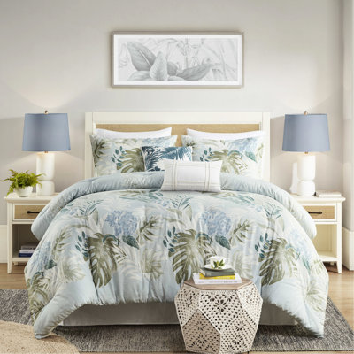 Blue Full Size 6 Piece Comforter With Throw Pillow - Fascinating Tropical Print Decor For Stylish Coastal Bedroom , Washable Bedding A Oceanic Machine
