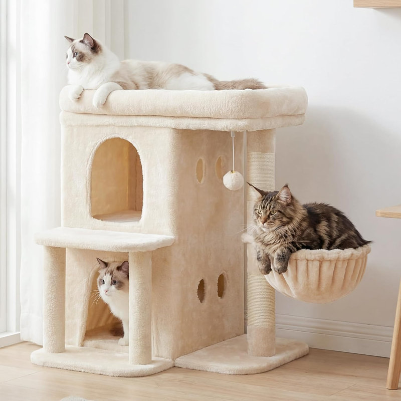 Arbre à chat avec grand perchoir et deux condos spacieux Tour pour chat avec poteaux à griffer, meubles pour chat avec panier confortable et pompon, beige