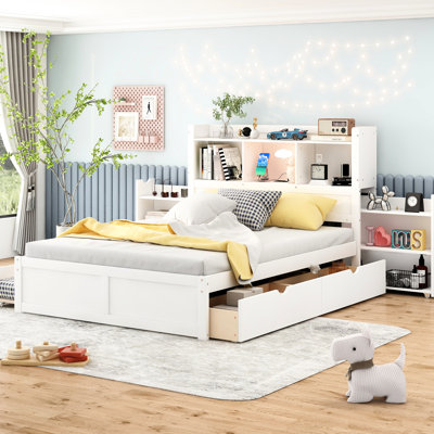 Full Size Storage Bed With Twin Trundle, 2 Drawers, Pull Out Shelves, Strong Solid Wood, No Box Spring, White Finish Bedroom Platform Shelves & Wood Material,
