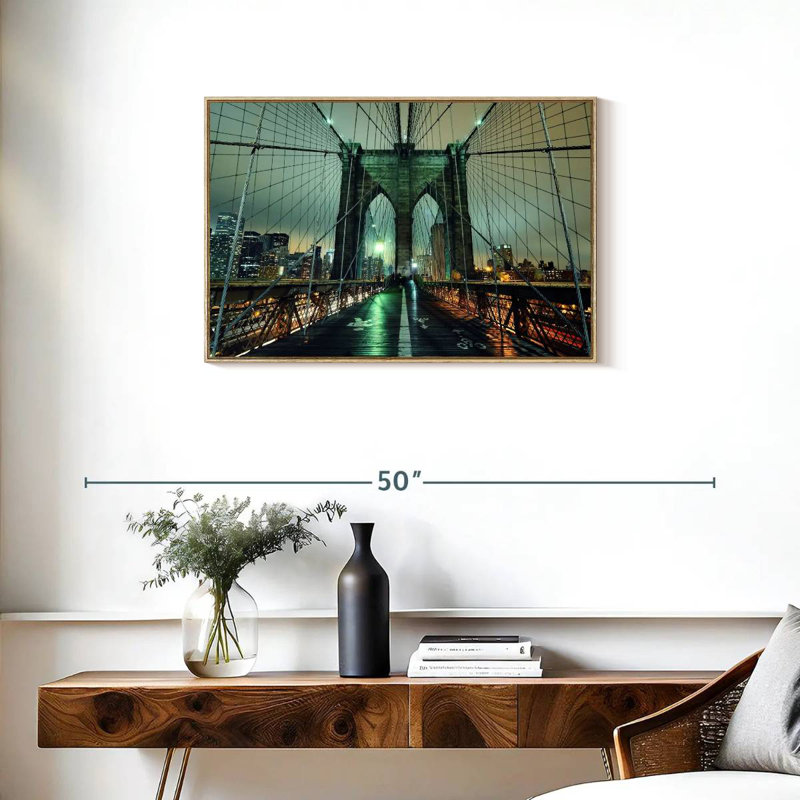 Brooklyn Bridge Nightfall, Cadre flottant en bois naturel, 31 po x 21 po