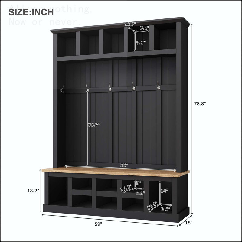 3-in-1 Wooden Hall Tree with Wide Storage Bench and 6 Hooks, Black