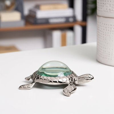 Decorative Object Metal Glass Aluminum Turtle Shape Sculpture with Textured Shell Design and Dome Center for Coastal Inspired Accents and Stylish Nautical Themed Artistic Home Decor Display Piece