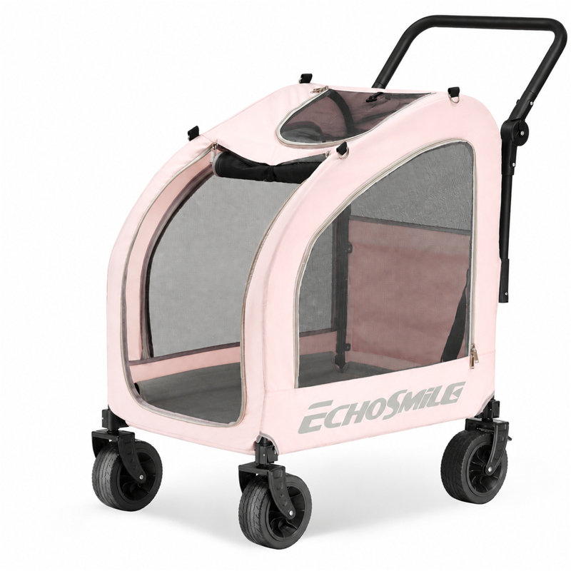 EchoSmile Pink Folding Pet Stroller with All-Terrain Wheels