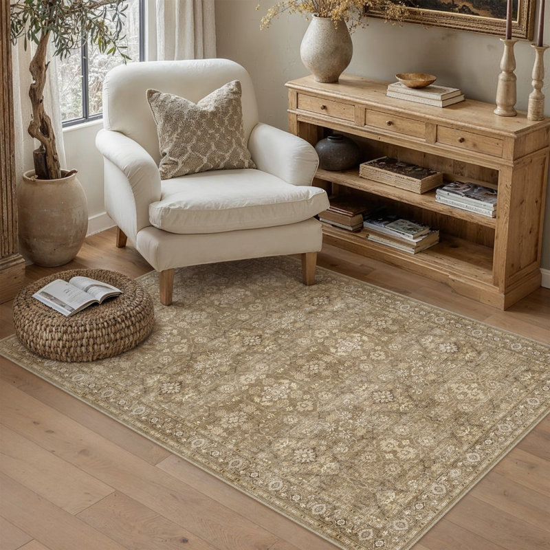 Alma Beige/Brown Vintage Area Rug With Non-Slip Backing, Rectangle 3' x 5'