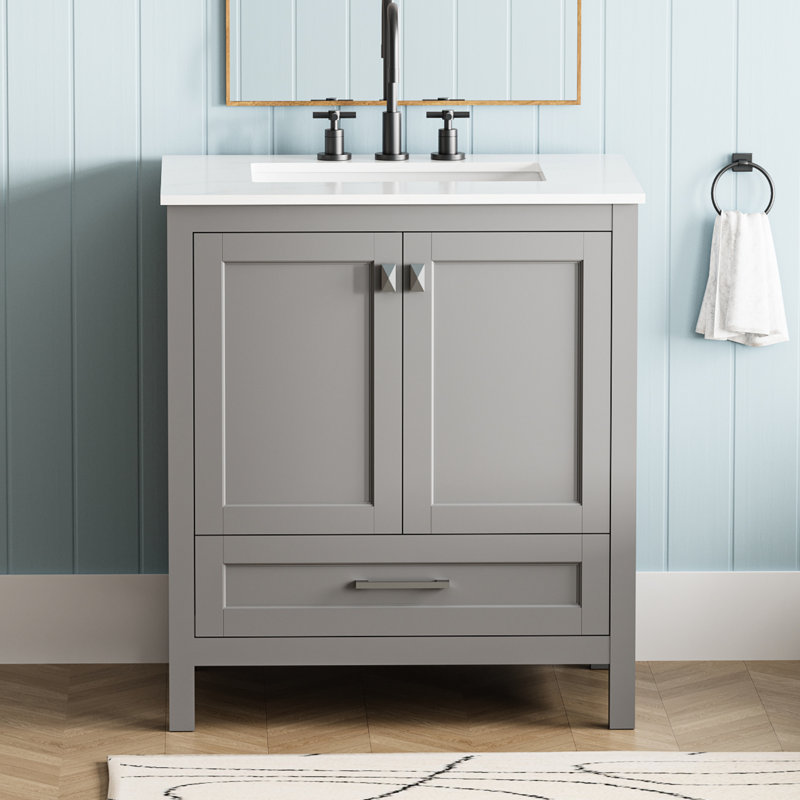 Lavabo-lavabo gris. Armoire 30 po entièrement assemblée avec comptoir en marbre. Fabrication en bois massif. Fermeture douce. Profondeur de 30,11 po, largeur de 18,9 po, hauteur de 34,68 po. Rangement moderne de 91,84 lb. Installation à faire soi-même