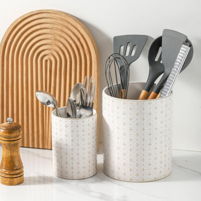 Ensemble de 2 porte-ustensiles de cuisine en céramique, grand pot à ustensiles, porte-outils de cuisine Morden pour spatule, blanc arctique