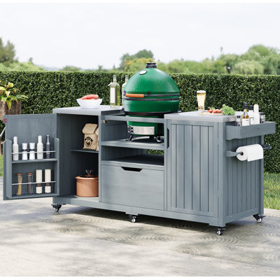 K&K 66.5" Outdoor Kitchen Island for Big Green Egg Grills, Solid Wood Outdoor Grill Cart for Tabletop Grill with Stainless Steel Top, Drawer, Compatible with Large Big Green Egg, Kamado Joe