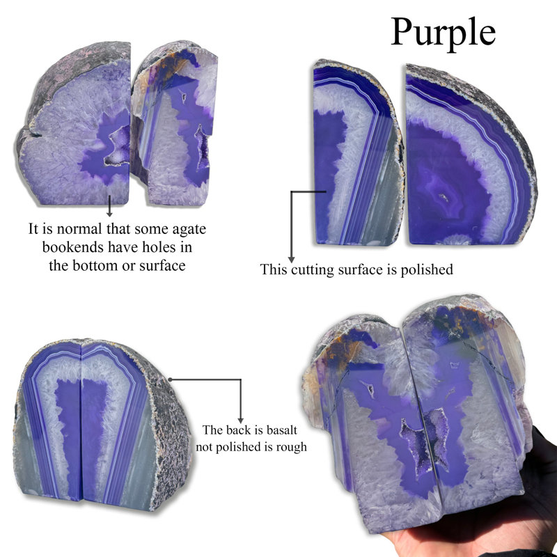 Purple Agate Bookend Pair, Natural Geode Bookend, Unique Crystal Bookend Set, 4.5" H x 5.5" W x 2.5" D