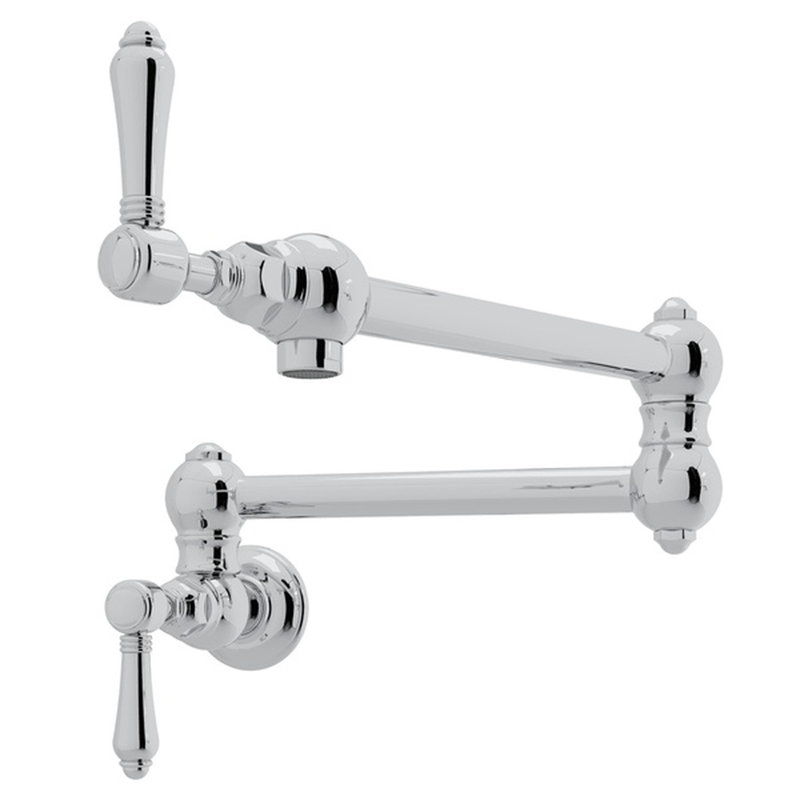 Country Kitchen Two Handle Wall Mounted Swing Arm Fold Away Pot Filler Faucet with Handles, Polished Chrome, Metal Levers
