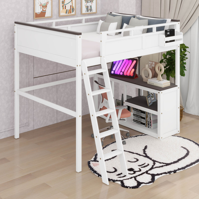 Queen Size Loft Bed With Built-In Desk, Open Shelves