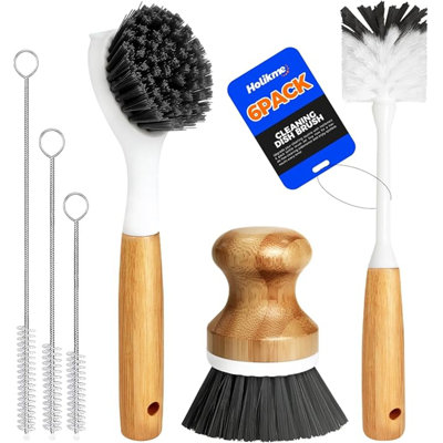 6 Pack Dish Brush Kitchen Brushes With Bottle Brush, Dish Brush, Palm Scrub Brush And Straw Brush, Fruit Vegetable Cleaning Brushes, Long Handle For Skillet Wok Pot Pan Cast Iron, Dark Gray