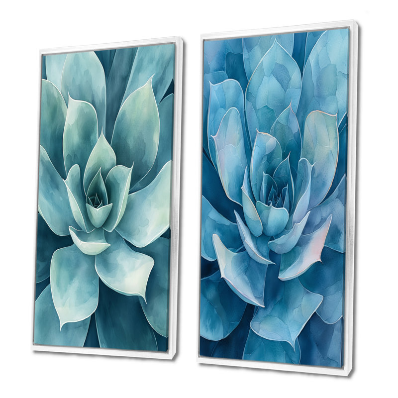 «Desert Succulent Leaves I» - art mural floral 2 panneaux, H 28 po x l 25 po, Cadre flottant blanc