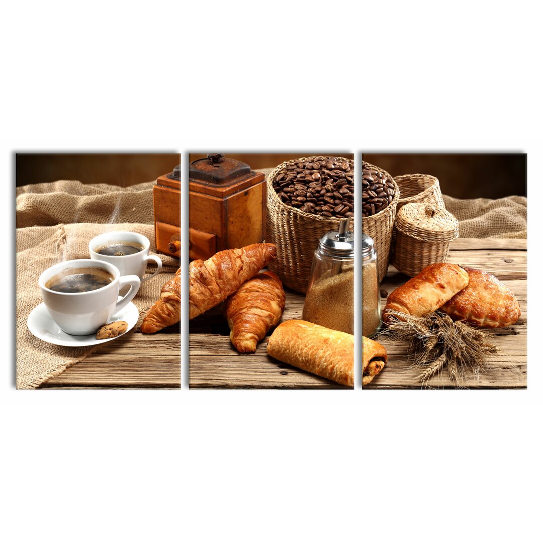 3-tlg. Leinwandbilder-Set Aromatischer Kaffee mit Croissants