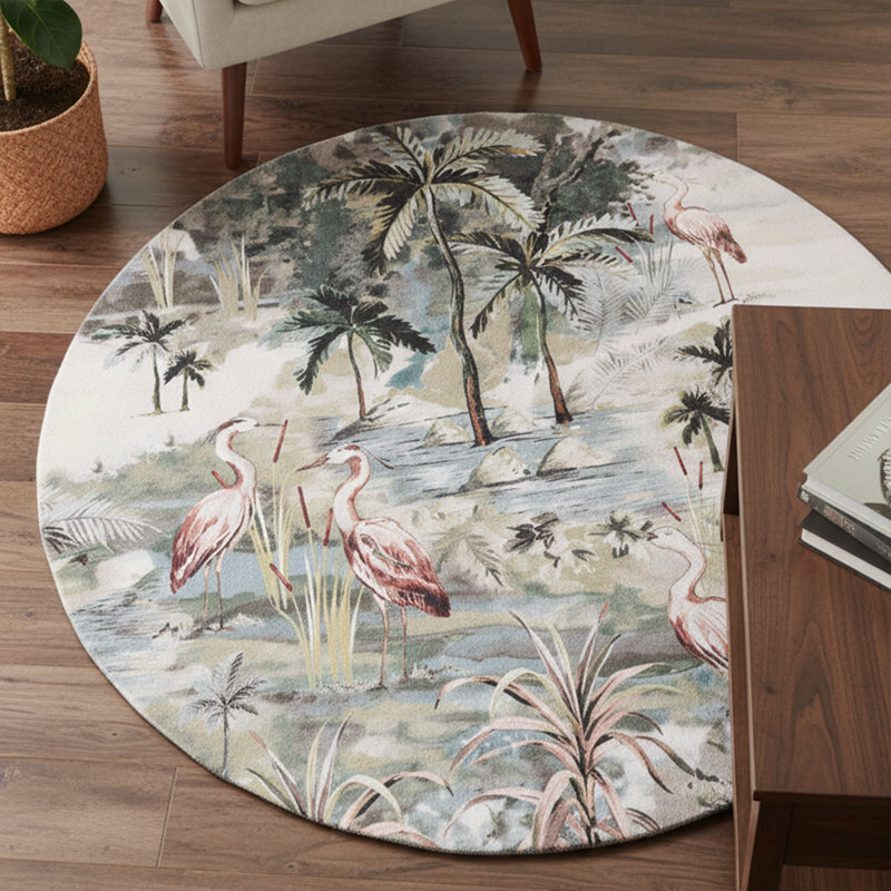 "Exotic Heron Landscape" Washable Cotton Area Rug, Round 3'11"