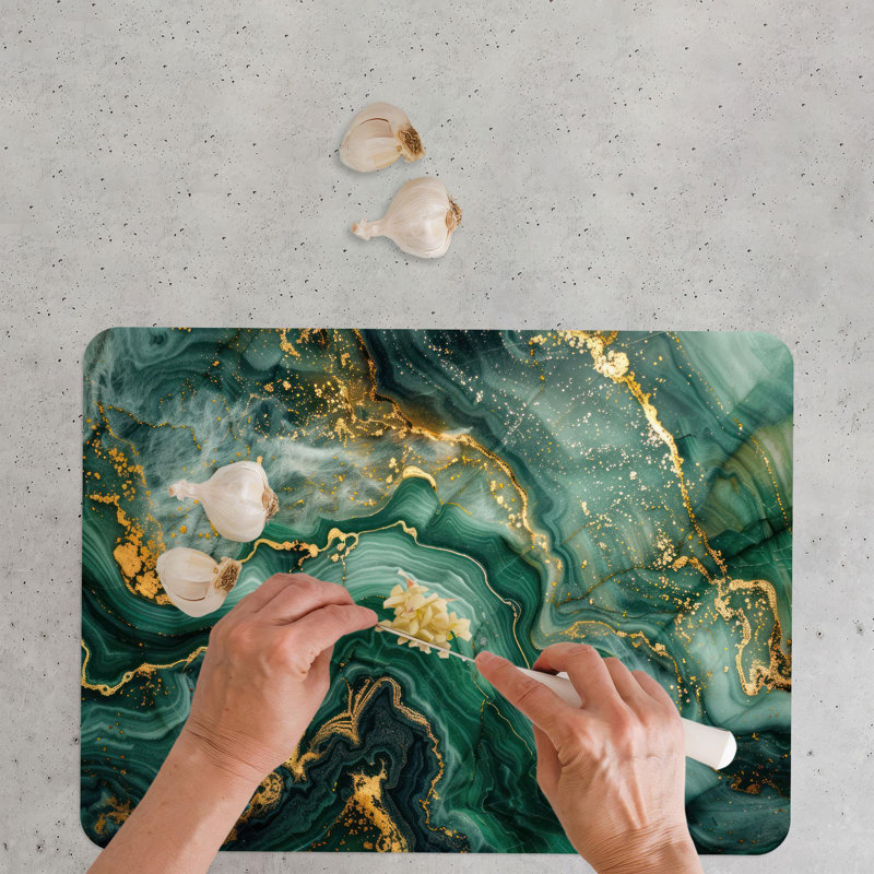 Gold and Green Marble Pattern Glass Serving Board with Easy Carry Design and Personalized Chopping Features, 11" x 15"