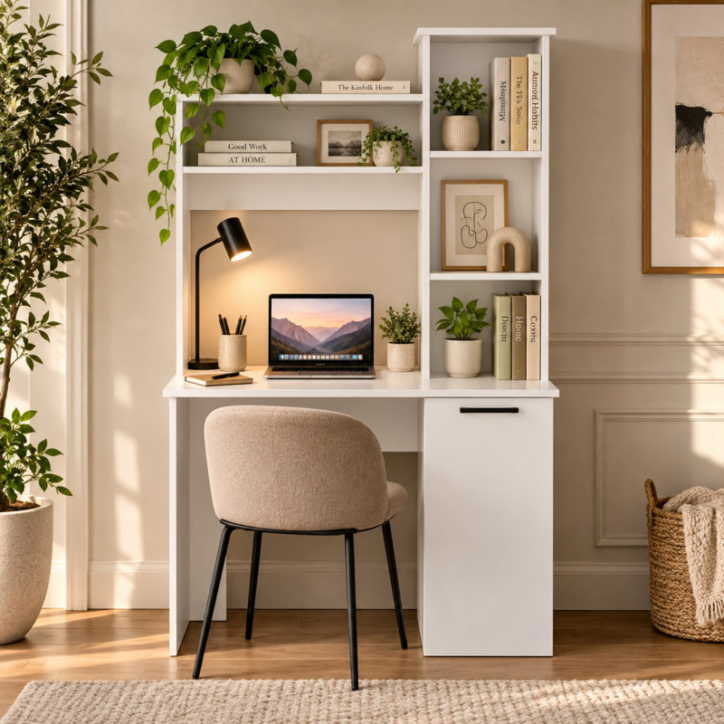 Ebern Designs 64.2" H Carson Writing Desk, Modern Studio or Office Desk with 1 Door, Two Upper Shelves and Open Side Shelves for Book Storage