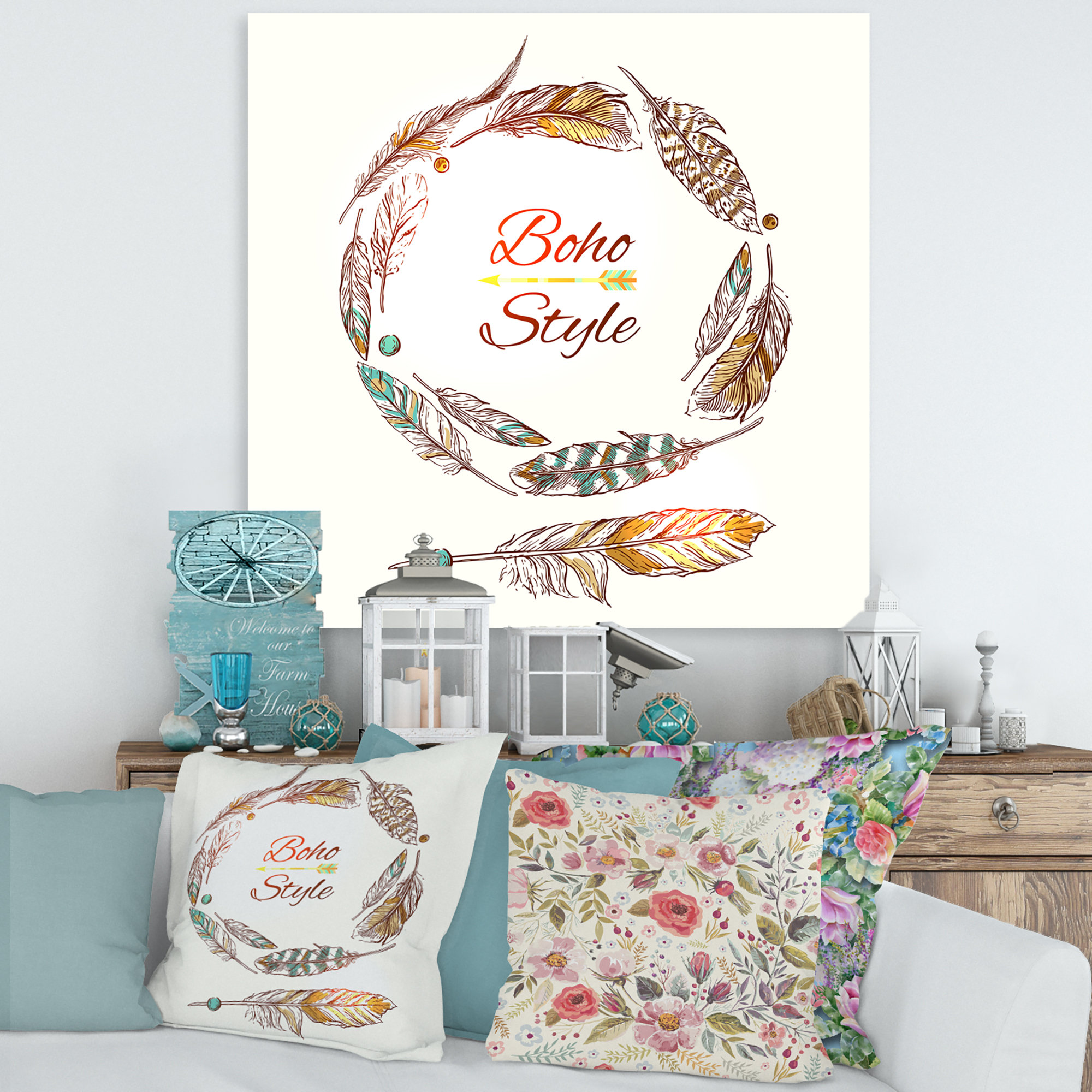 East Urban Home Ethnic Beige Boho Feather - Textual Art on Canvas | Wayfair
